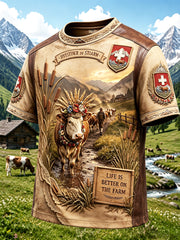Hommes Alpes suisses troupeau de bétail rétro Patchwork Imprimer T-shirt décontracté