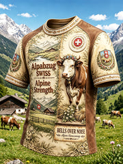 T-shirt décontracté rétro à imprimé patchwork des Alpes suisses pour hommes
