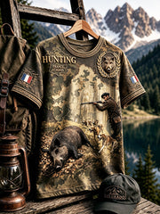 T-shirt décontracté à imprimé camouflage pour hommes, saison de chasse au sanglier vintage français