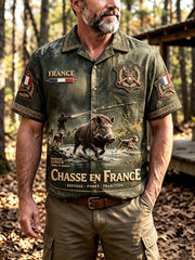 Chemise à manches courtes décontractée à imprimé sanglier de saison de chasse française pour hommes