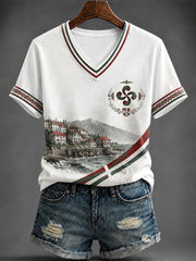 T-shirt à col en V imprimé Pays Basque Femme