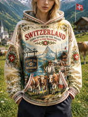 Sweat-shirt à capuche décontracté à imprimé festival «Retour aux montagnes des bovins des Alpes suisses vintage pour femme