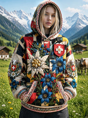 Sweat à capuche décontracté imprimé floral drapeau suisse pour femmes
