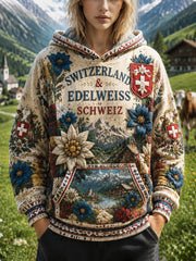 Vintage Swiss Flag Floral Patchwork Imprimer Sweat à capuche décontracté des femmes