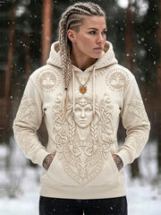 Sweat-shirt douillet à capuche pour femme, imprimé artistique d’inspiration viking vintage, avec poches