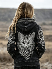 Sweat à capuche décontracté à motif de chat de style viking rétro pour femmes