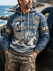 Sweat-shirt décontracté à capuche pour homme, bleu foncé, imprimé breton français