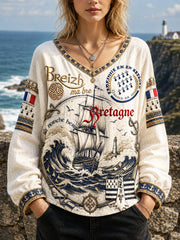 T-shirt femme à col en V, décontracté, imprimé marin breton, frais et protecteur contre le soleil
