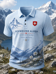 Polo homme à manches courtes en maille gaufre, imprimé montagne enneigée