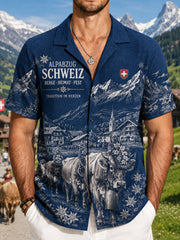 Chemise Homme Vintage En Tricot Gaufré À Manches Courtes Motif Festival De Bétail