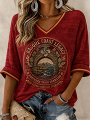 T-shirt femme espagnol du Pays basque, imprimé, manches mi-longues, col en V