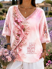 T-shirt décontracté et tendance pour femme, rose à imprimé floral français sur le thème du cancer du sein, col en V