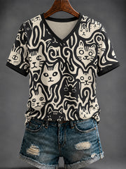 T-shirt femme à col en V avec imprimé chat