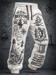 Pantalon décontracté pour homme, style marin breton français, blanc vintage, motif patchwork