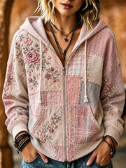 Sweat à capuche décontracté à fermeture éclair, imprimé d’un motif floral rose pour la sensibilisation au cancer du sein chez les femmes