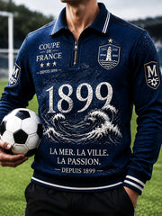 Sweatshirt Homme Bleu Foncé Décontracté Col Zippé French Marseille-Print