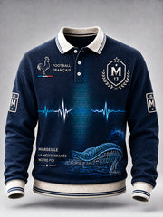 Sweat-shirt Homme Bleu Foncé À Col Polo Décontracté Imprimé Français Marseille Football