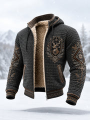 Manteau à capuche zippé en peluche, patrimoine nordique avec motif de rennes pour homme