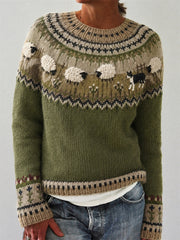 Pull col rond pour femme, imprimé vintage représentant un border collie et des moutons au bord d’une ferme