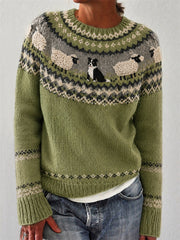 Pull col rond pour femme, imprimé vintage représentant un border collie et des moutons au bord d’une ferme