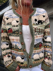 Cardigan douillet pour femme au style rétro, motif paysager avec border collie et moutons
