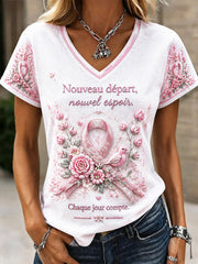 T-shirt à col en V décontracté imprimé en 3D pour femmes avec un cancer du sein à la française