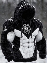 Sweat à capuche chaud en flanelle pour homme, motif viking tribal jacquard, inspiration nœud celtique et lignes musculaires