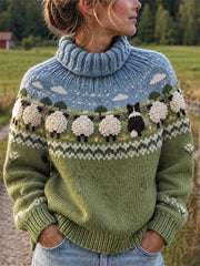 Vintage Farm Border Collie & Sheep Yoke Isle Pull femme à col tortue