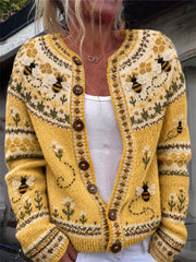 Veste en maille style cardigan pour femme, motif floral île et rayures en nid d’abeille, aspect vintage