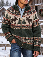 Veste en tricot zippée décontractée à motif de wapiti de style nordique pour hommes
