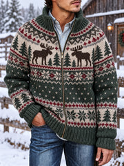 Veste en maille décontractée à fermeture éclair pour homme, motif wapiti, style nordique