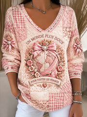 Haut Décontracté Femme France Cancer Du Sein Patchwork Imprimé Col En V Style Pull