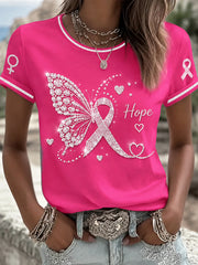 T-shirt décontracté rose pour femmes, imprimé français sur le cancer du sein