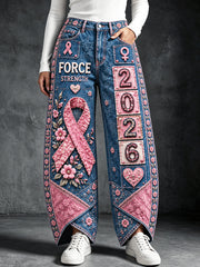 Pantalon décontracté pour femme, collection 2026 France, motif patchwork sur le thème du cancer du sein