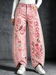 Pantalon décontracté rose pour femme, collection 2026, motif patchwork français sur le thème du cancer du sein