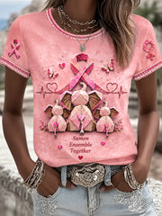 T-shirt décontracté rose pour femmes, imprimé en 3D sur le thème du cancer du sein français