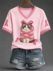 T-shirt décontracté pour femme à imprimé chat Ragdoll et ruban rose