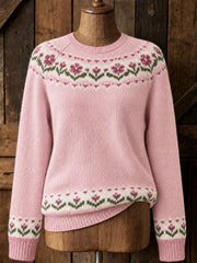 Pull confortable pour femme, style vintage, motif floral rose avec empiècement et imprimé Isle