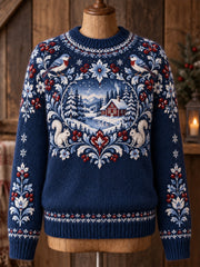Pull tricoté à manches longues et col rond pour femme, motif animalier nordique
