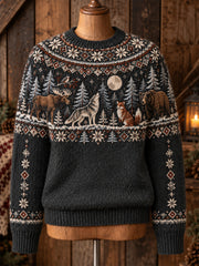 Pull Femme Nordique Motif Animal Col Ras Du Cou À Manches Longues En Maille