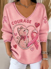 Pull décontracté à col en V pour femme, rose, imprimé mignon de chaton, en référence au cancer du sein en France