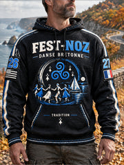 Sweat à capuche noir pour homme, imprimé breton français Fest-Noz