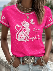 T-shirt décontracté pour femme avec impression mignonne de chat et message de sensibilisation au dépistage du cancer du sein