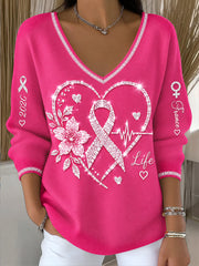 Pull décontracté à col en V pour femme, imprimé rose français sur le cancer du sein
