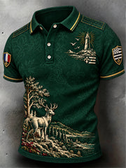 Polo décontracté pour homme, imprimé automnal bleu canard, style breton fest-noz