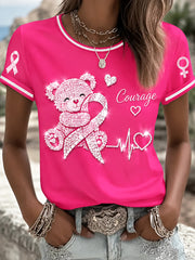 T-shirt décontracté pour femme avec imprimé mignon d’ours, en soutien à la sensibilisation au cancer du sein en France