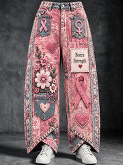 Femmes Rétro Rose Français Cancer Du Sein Patchwork Imprimer Pantalon Décontracté