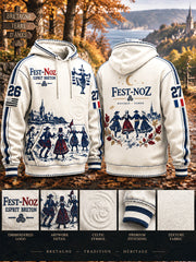 Sweat-shirt à capuche décontracté pour homme, couleur écru, imprimé automnal de style fest-noz breton
