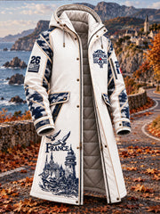 Veste longue à capuche blanche pour homme, style breton, imprimé patchwork fest-noz