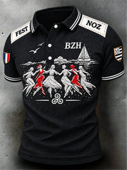 Polo décontracté noir pour homme, imprimé patchwork breton français Fest-Noz